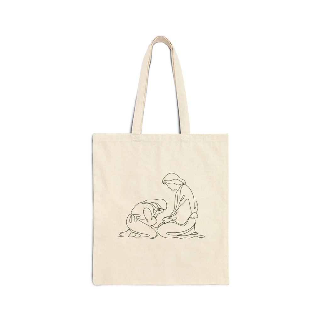 Tote Bag — "Find Me at His Feet" Christian Scripture Canvas Tote (Luke 10:41)