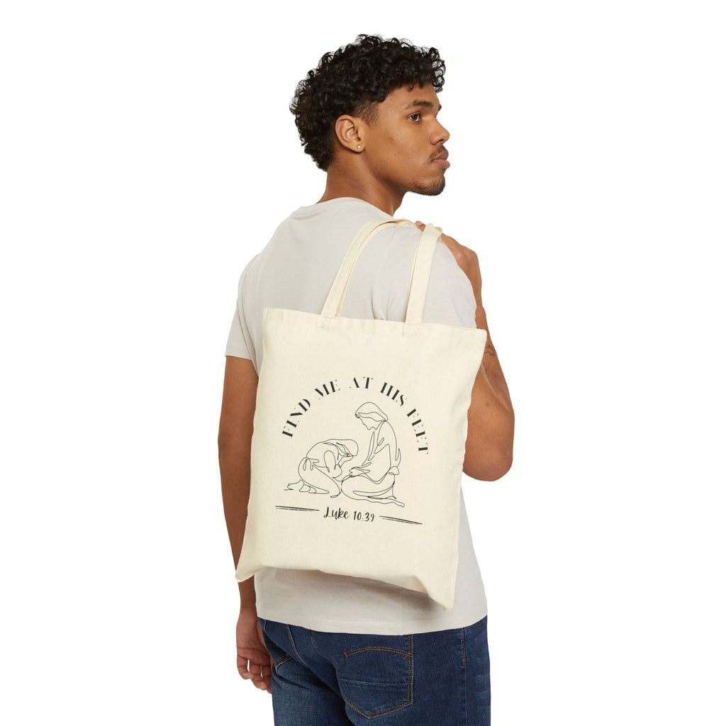 Tote Bag — "Find Me at His Feet" Christian Scripture Canvas Tote (Luke 10:41)