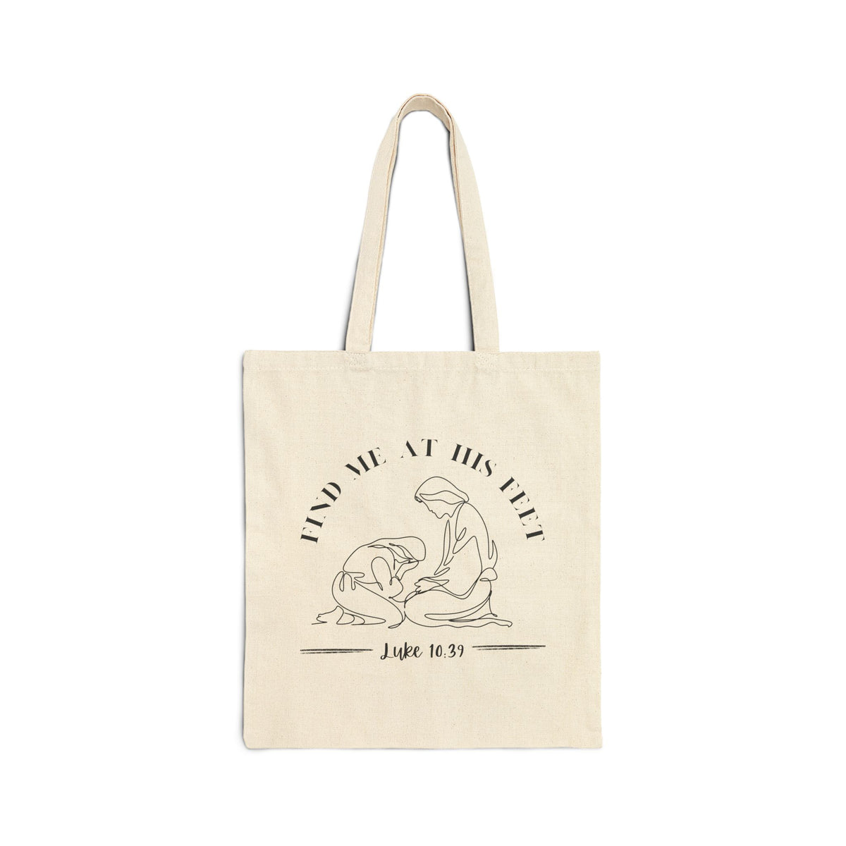 Tote Bag — "Find Me at His Feet" Christian Scripture Canvas Tote (Luke 10:41)