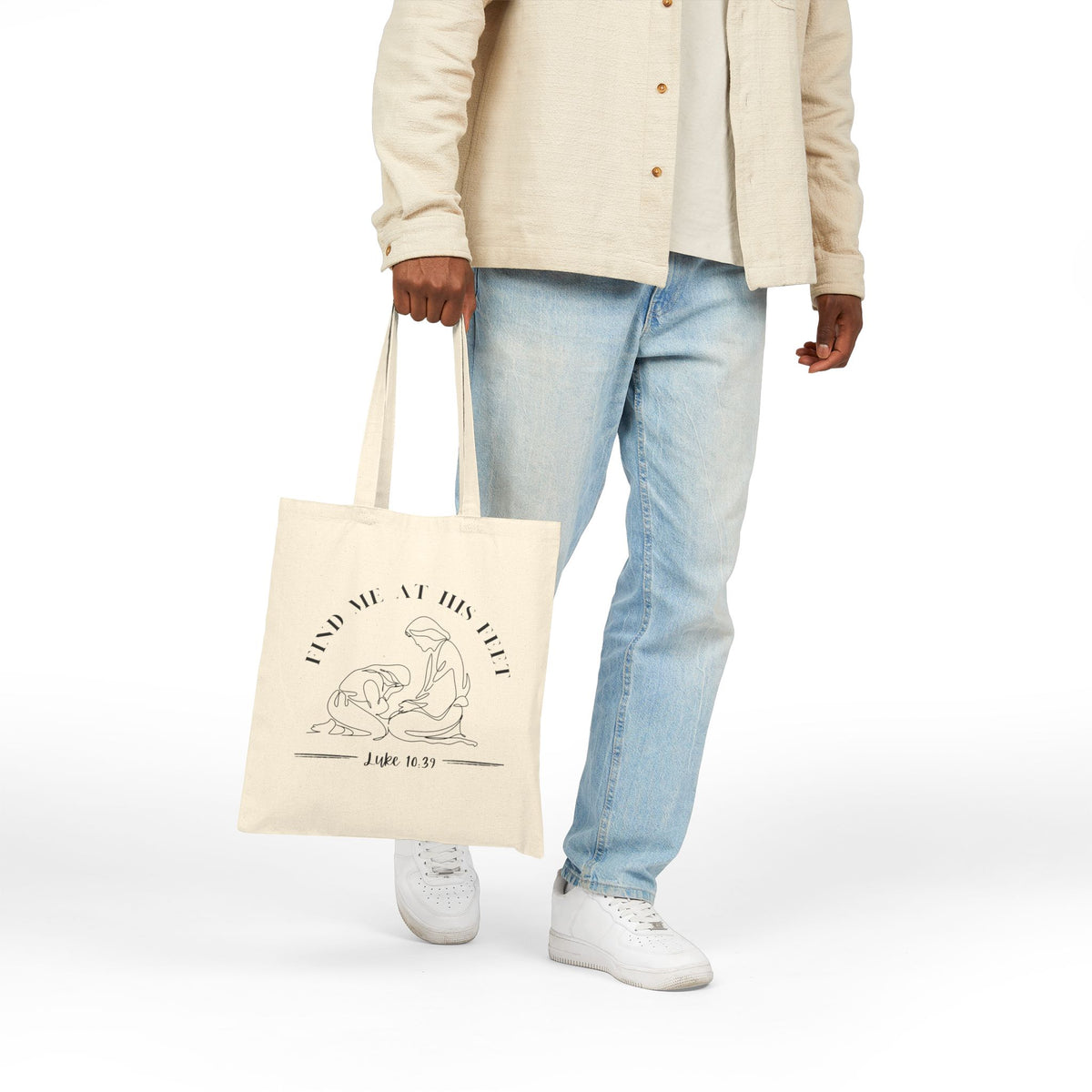 Tote Bag — "Find Me at His Feet" Christian Scripture Canvas Tote (Luke 10:41)